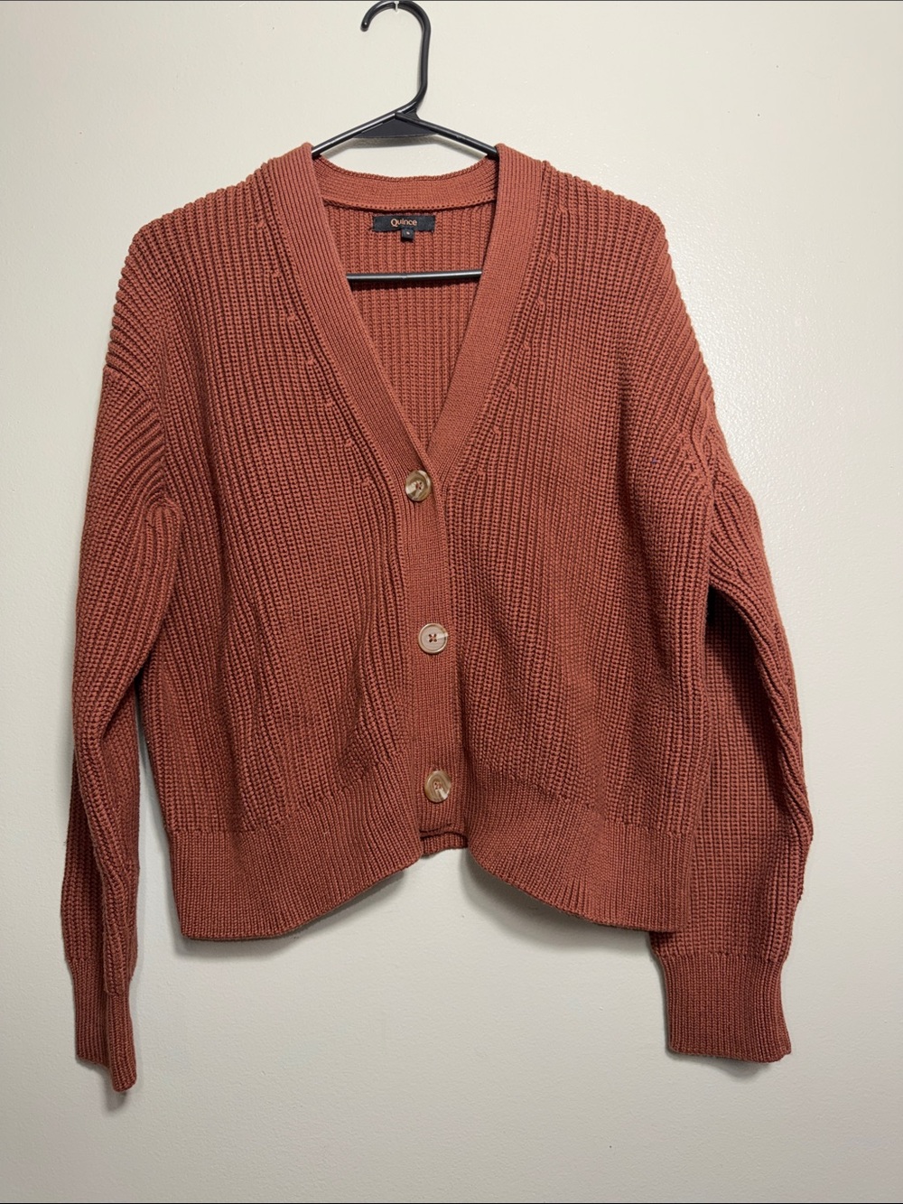 Quince Organic Cotton Cropped Cardigan Sweater Terracotta Rust S Minimalist
